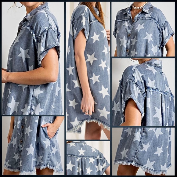 EASEL "Twinkle Star" Lightweight Cotton Denim Shirt Dress Button Up W/ Raw Seams - Picture 15 of 16